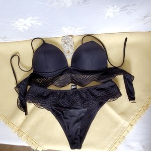 Black with Embroidered Lace Bikini Set Size L